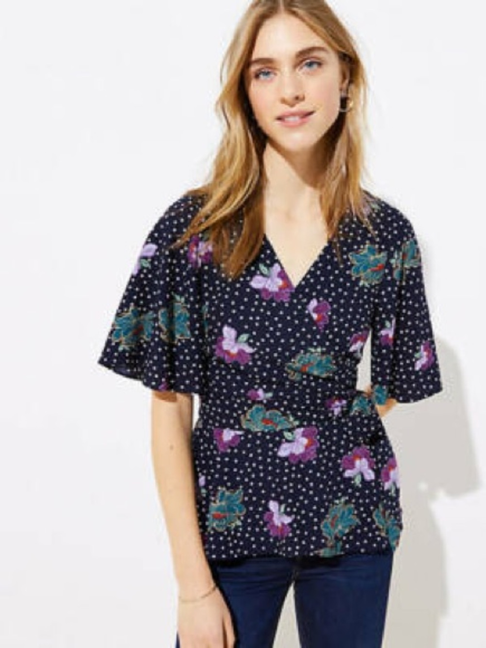 Loft Floral Dot Wrap Blouse in Forever Navy - Sz Large - NWT